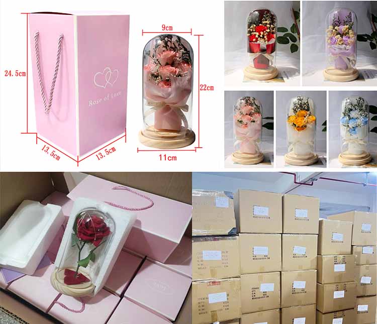 glass dome soap rose bouquet with LED size glass